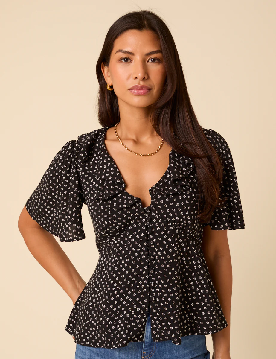 Black Ditsy Floral V-Neck Blouse
