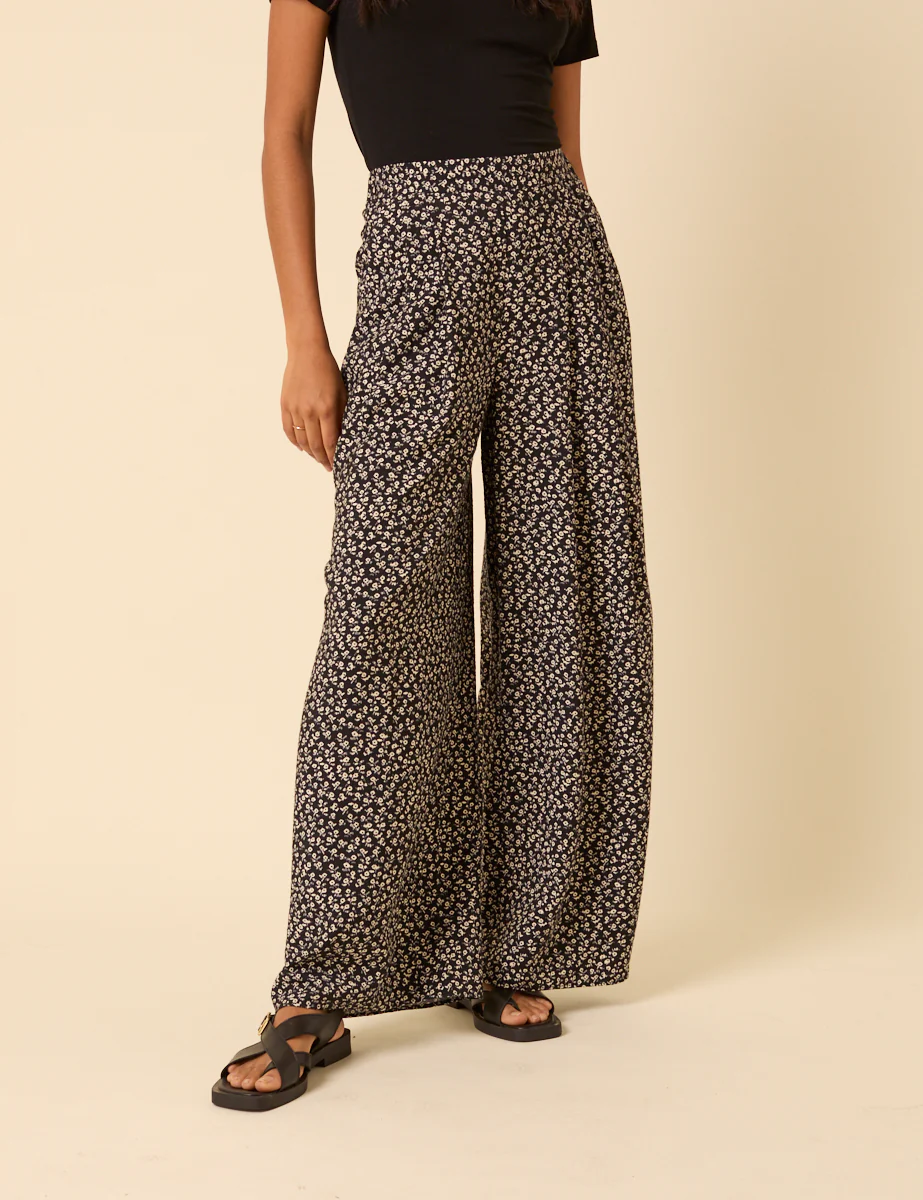 Black Ditsy Floral Wide Leg Zeena Trousers - Image 2