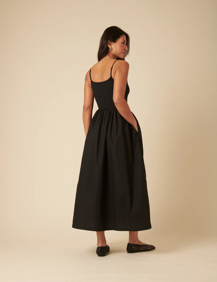 Black Ribbed Drop Waist Strappy Midi Dress - Image 5