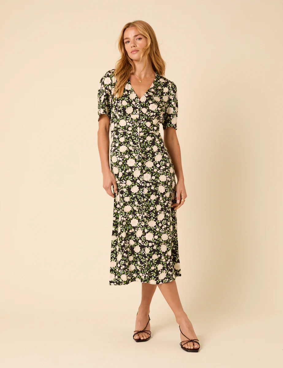 Black Floral Alexa Midi Dress
