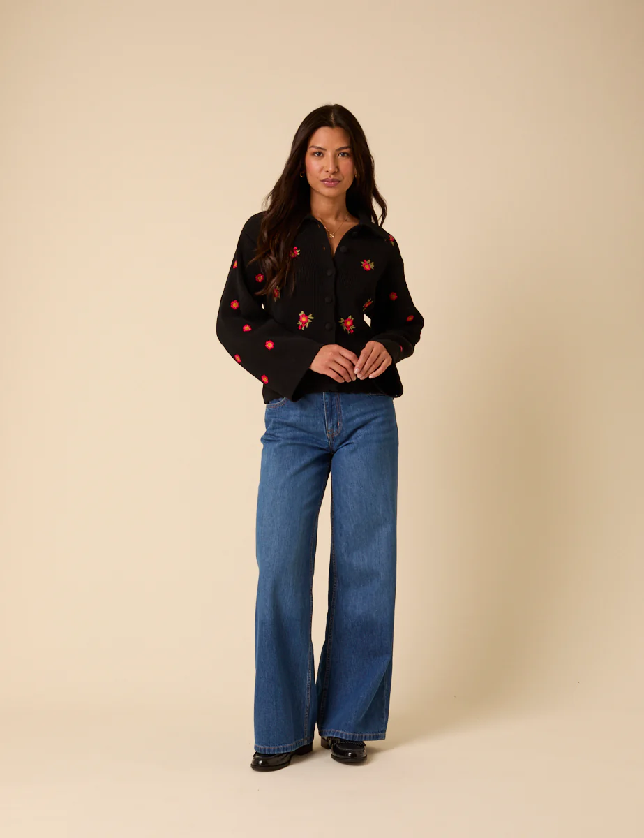 Black Floral Embroidered Collared Cardigan - Image 2