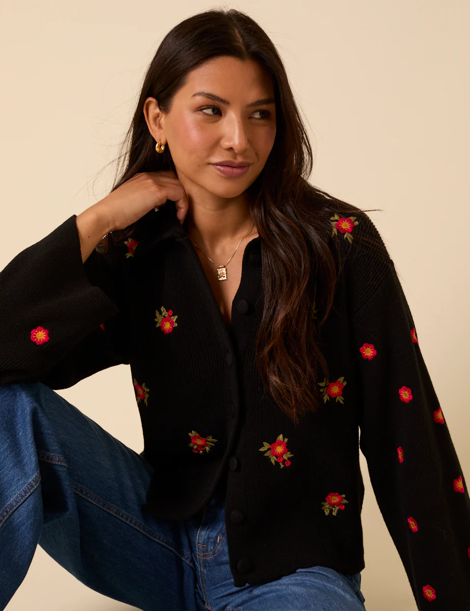 Black Floral Embroidered Collared Cardigan - Image 4