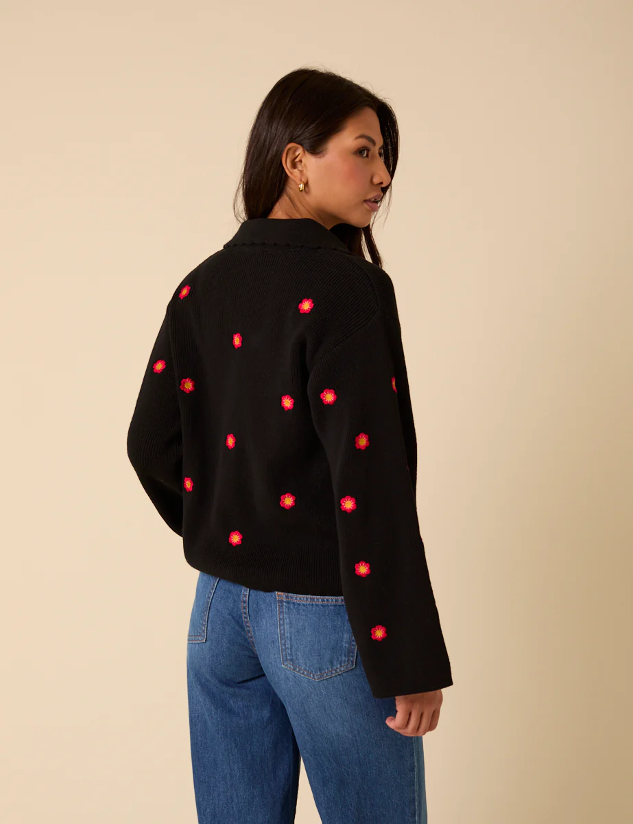 Black Floral Embroidered Collared Cardigan - Image 5