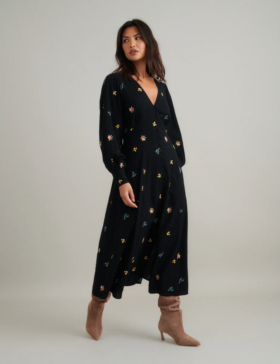 Black Floral Embroidered Balloon Sleeve Shannon Midi Dress - Image 4