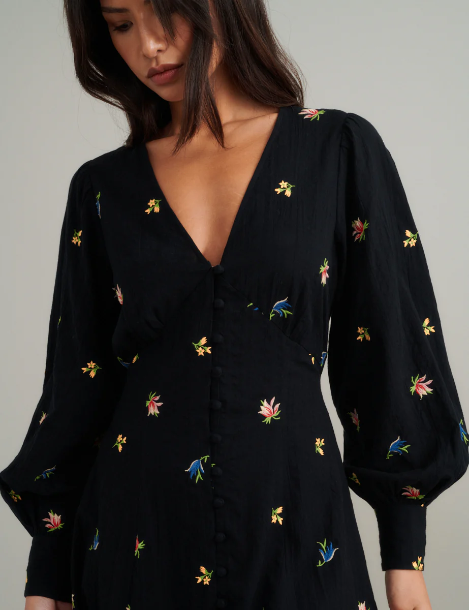 Black Floral Embroidered Balloon Sleeve Shannon Midi Dress - Image 5