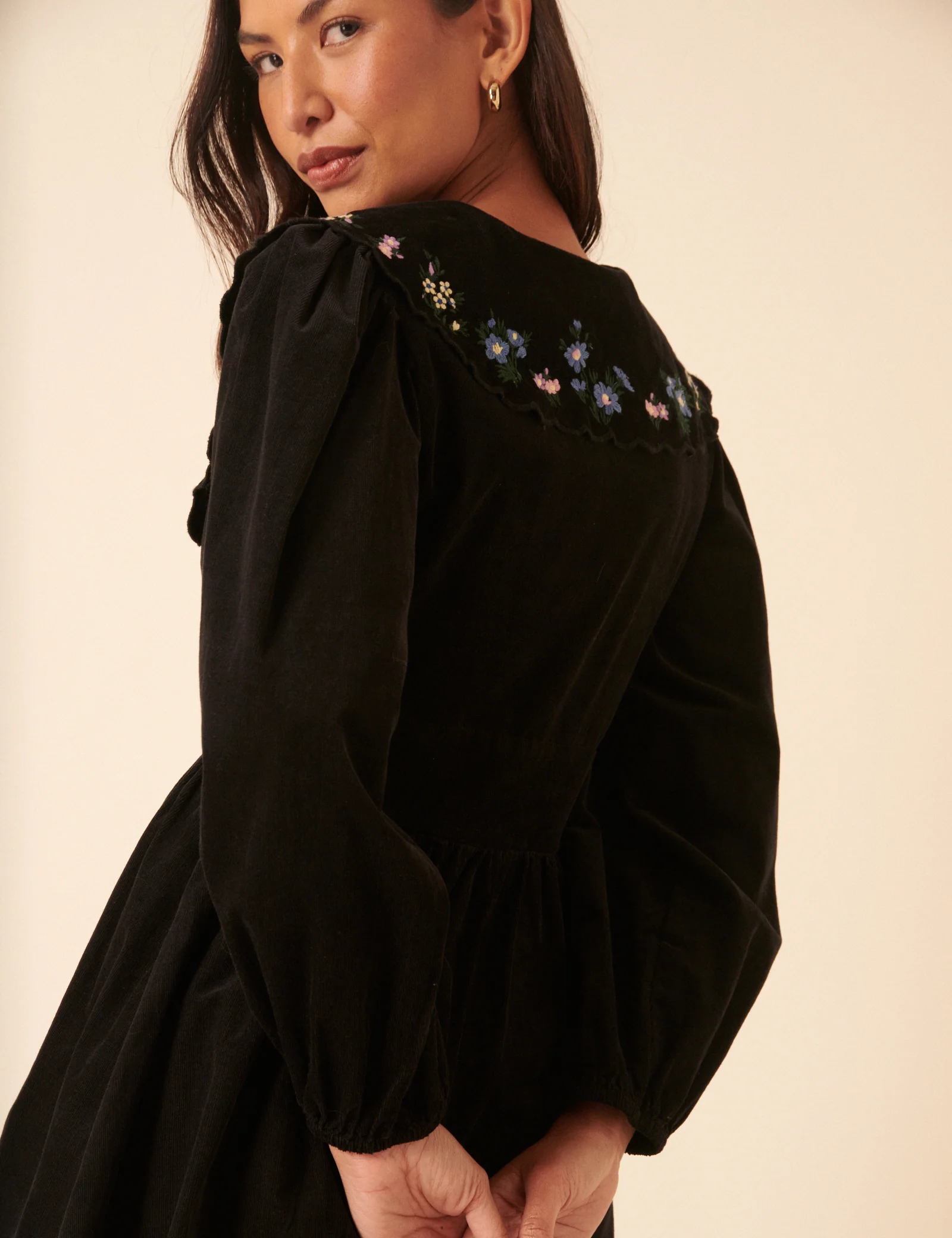 Black Floral Embroidered Cord Birdie Mini Dress - Image 4