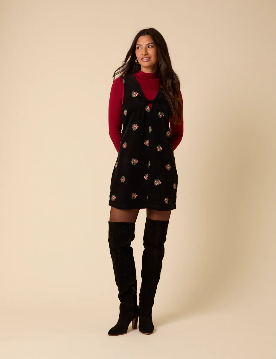 Black Floral Embroidered Cord Nila Pinafore Mini Dress - Image 3