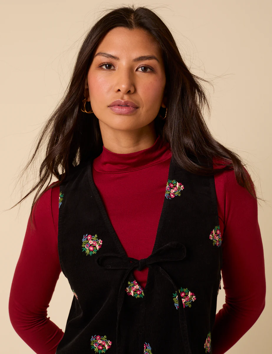 Black Floral Embroidered Cord Nila Pinafore Mini Dress - Image 4