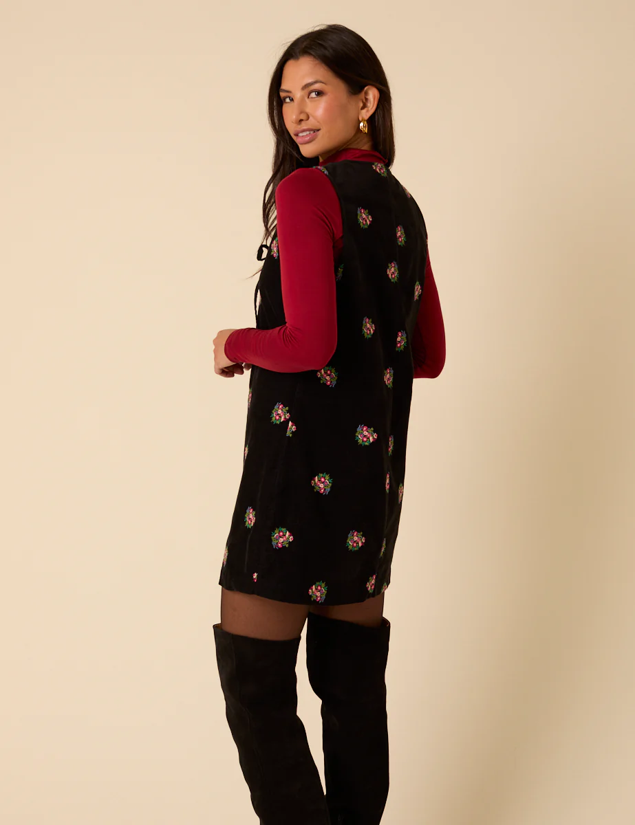 Black Floral Embroidered Cord Nila Pinafore Mini Dress - Image 5