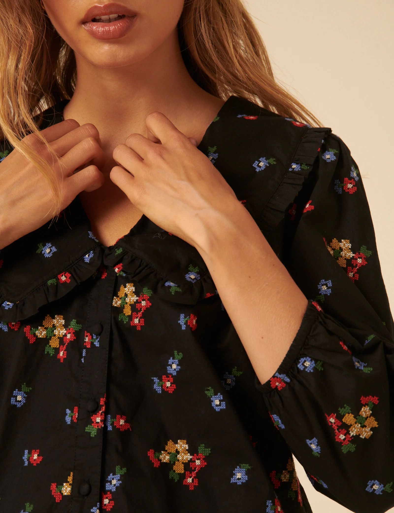 Black Floral Embroidered Long Sleeve Emmie Blouse - Image 3