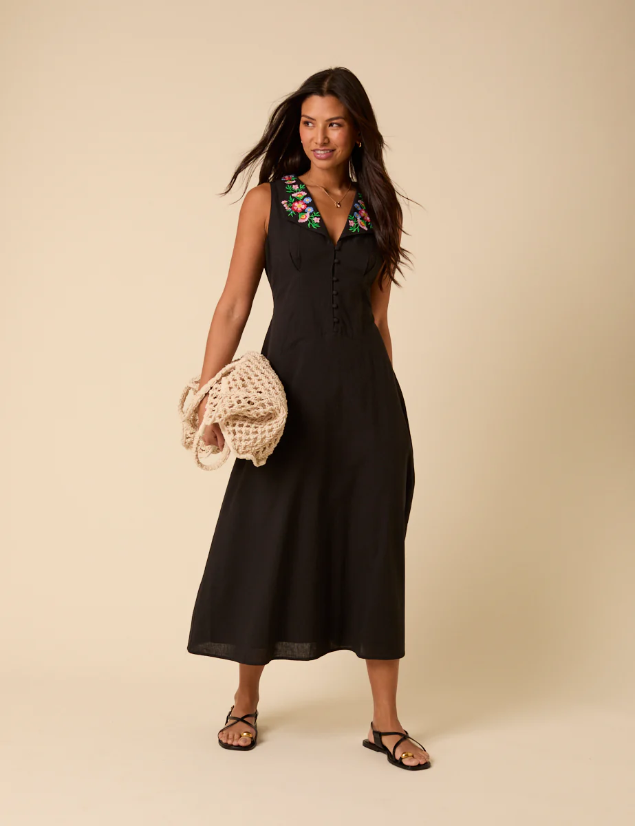 Black Floral Embroidered Melanie Midi Dress - Image 3