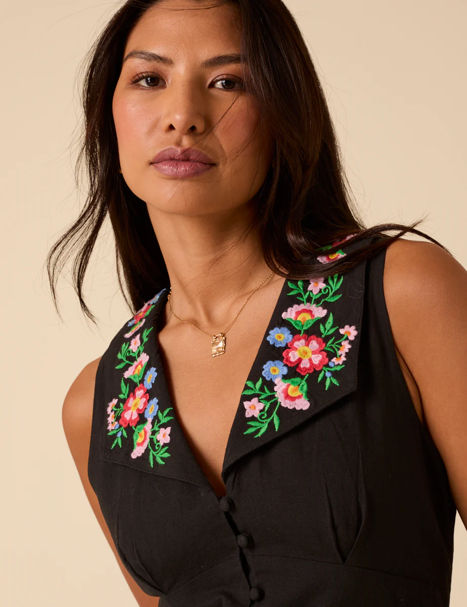 Black Floral Embroidered Melanie Midi Dress - Image 4
