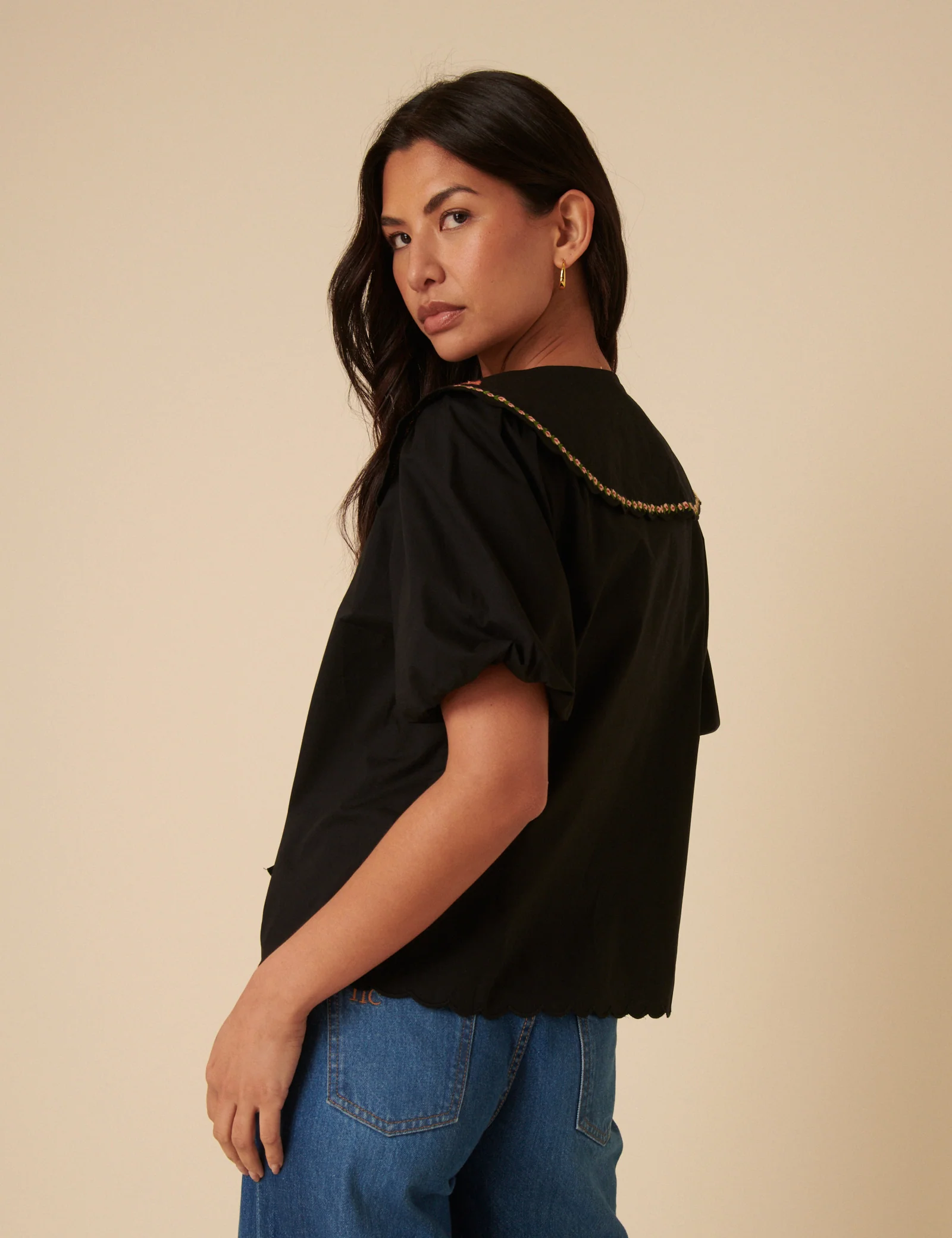Black Floral Embroidered Tie Front Blouse - Image 5