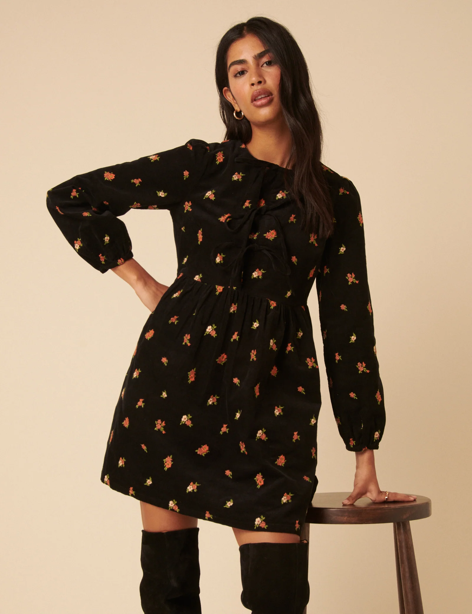 Black Floral Embroidered Tie-front Cord Eden Mini Dress - Image 2