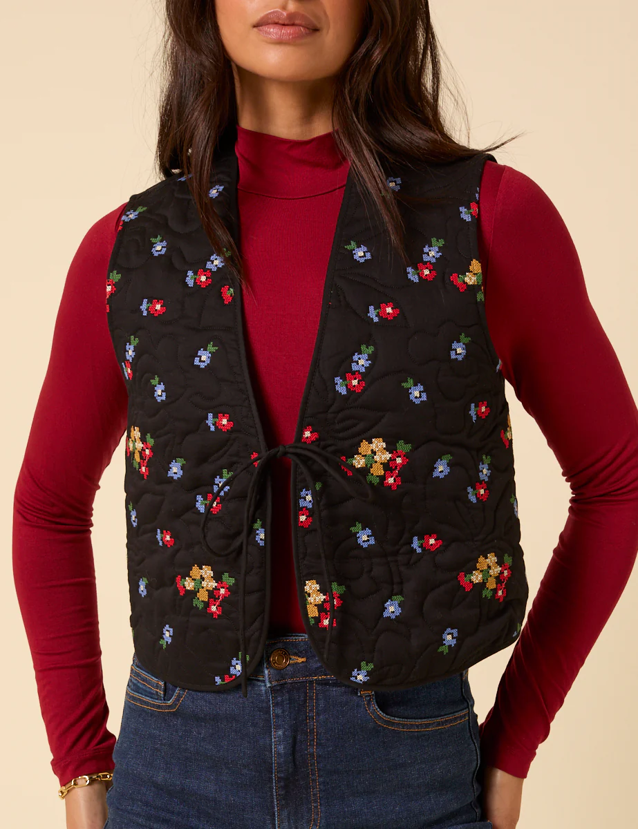 Black Floral Embroidered Waistcoat - Image 3
