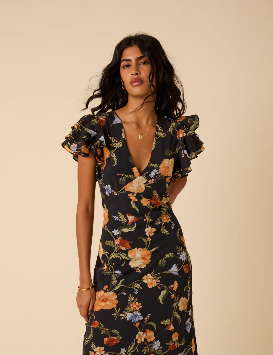 Black Floral Frill Sleeve Layla Midi Dress - Image 2