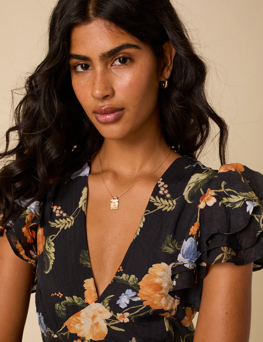 Black Floral Frill Sleeve Layla Midi Dress - Image 3