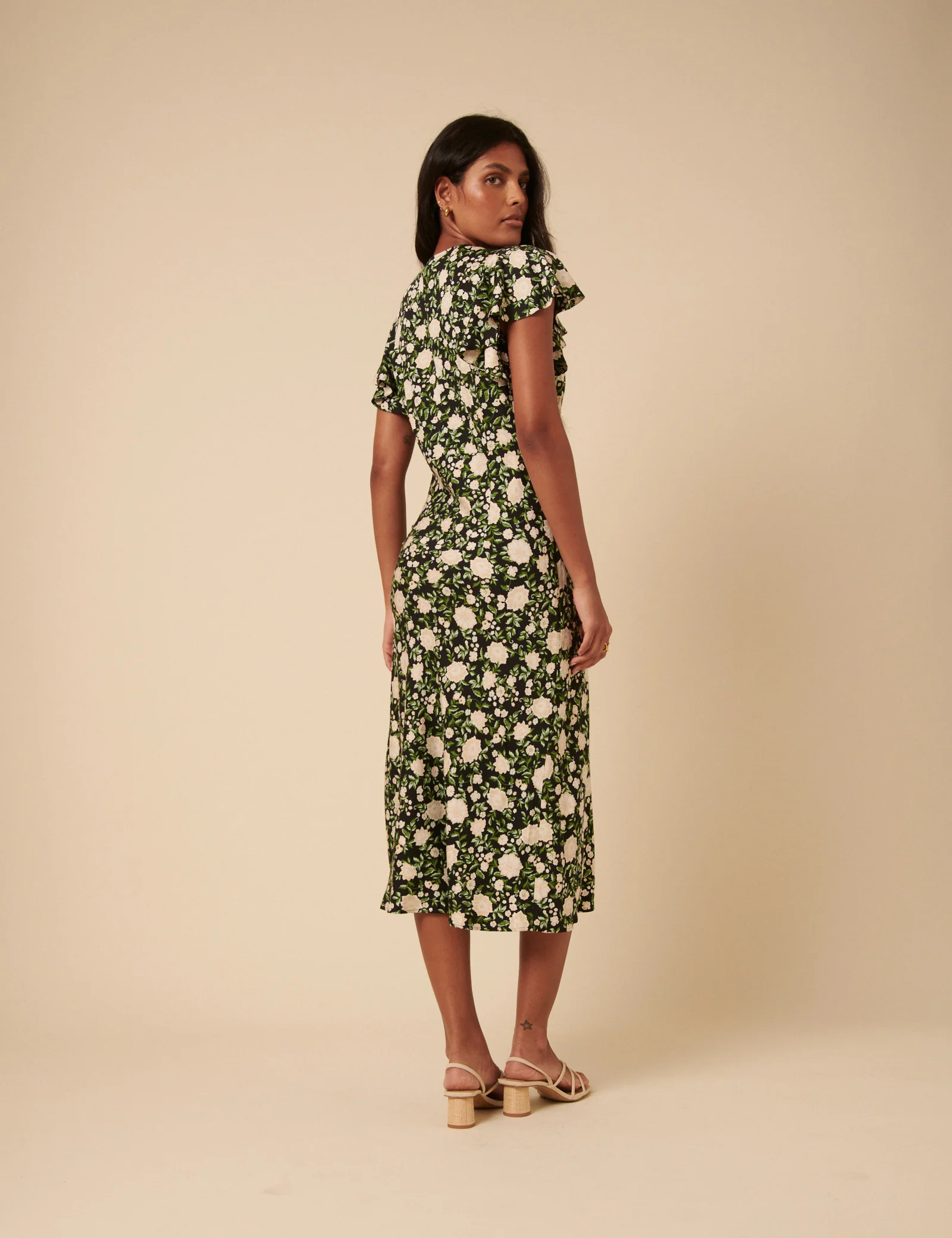 Black Floral Frill Sleeve Martha Midi Dress - Image 4