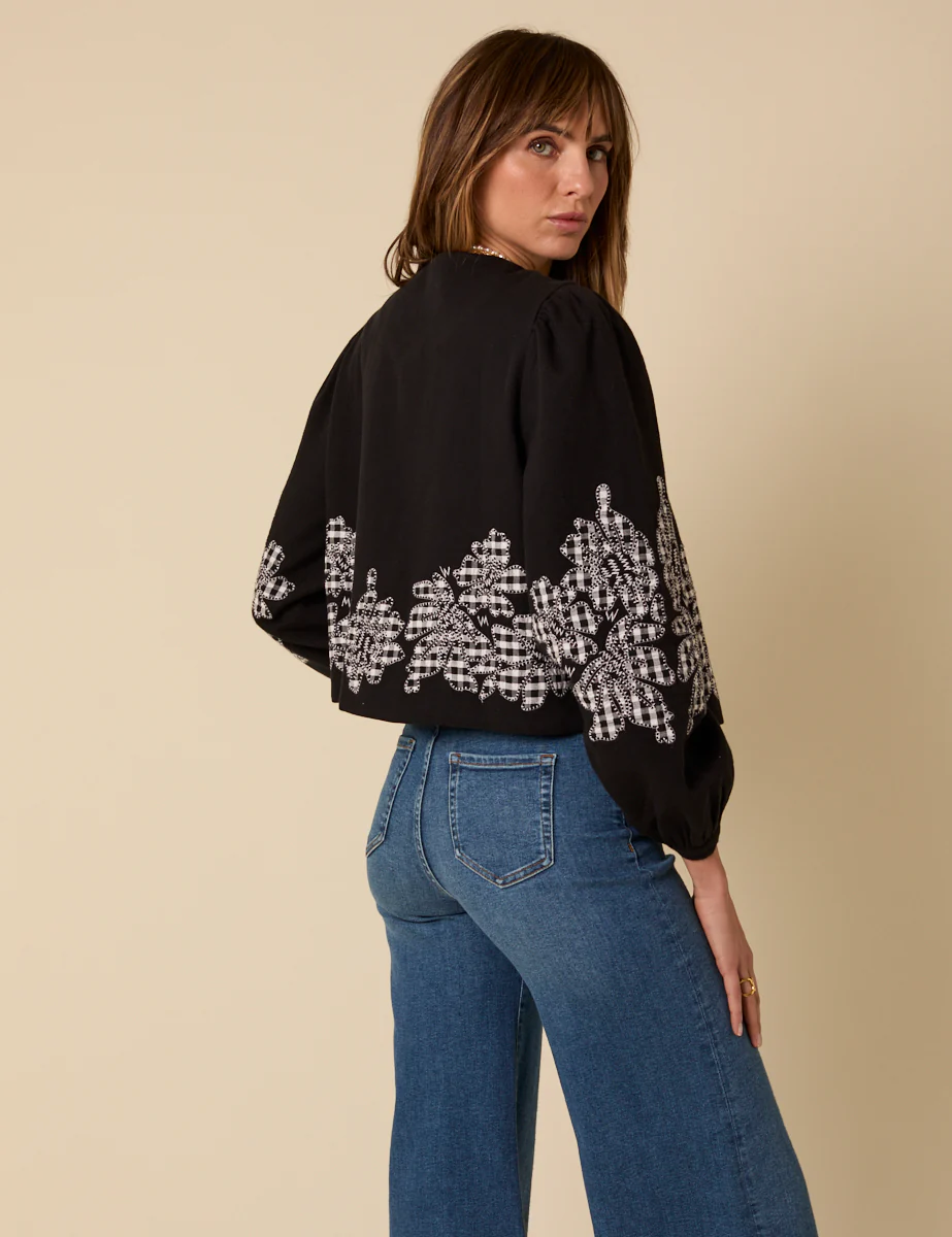 Black Floral Gingham Detail Jacket - Image 5