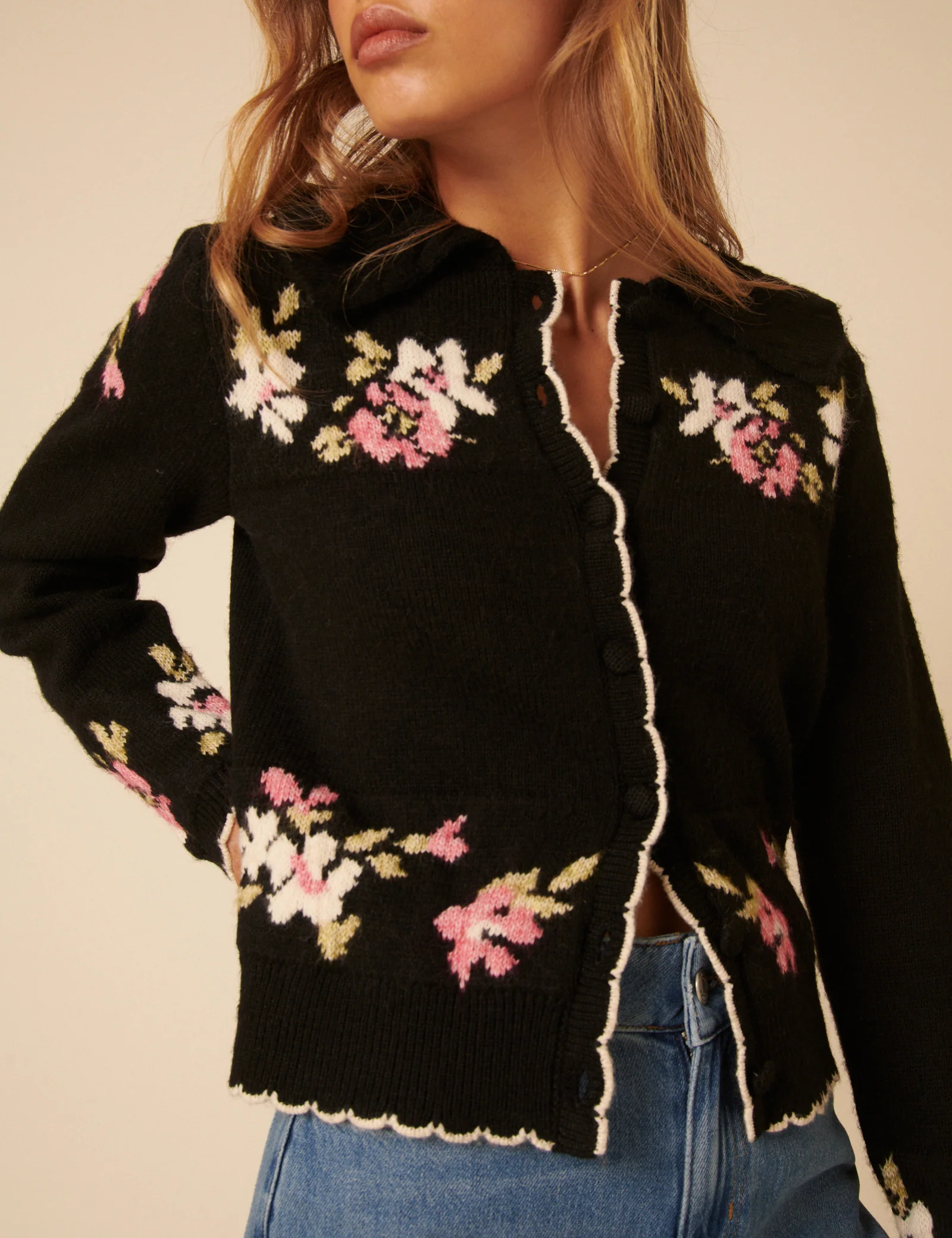 Black Floral Jacquard Collared Cardigan - Image 4