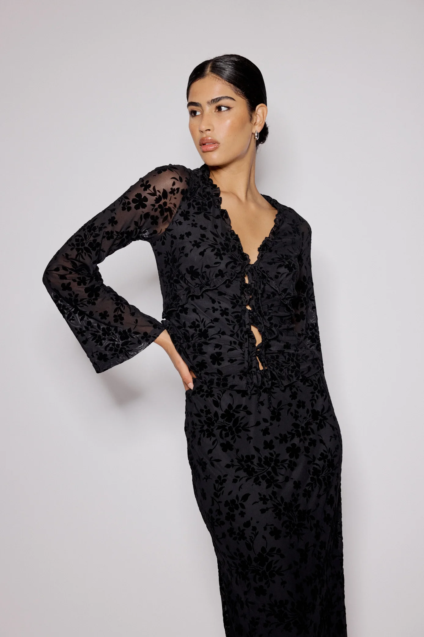 Black Floral Jacquard Frill Top