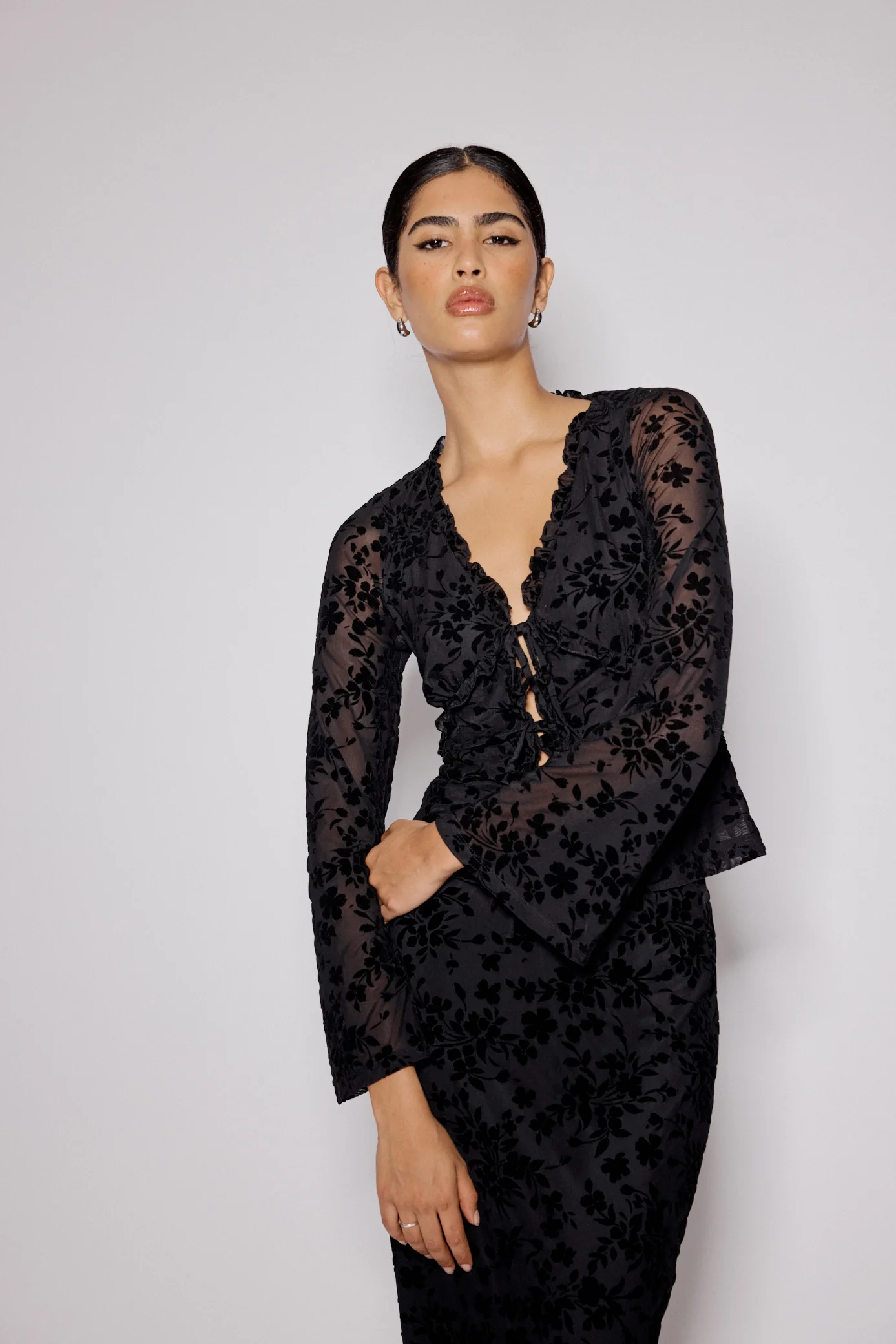 Black Floral Jacquard Frill Top - Image 2