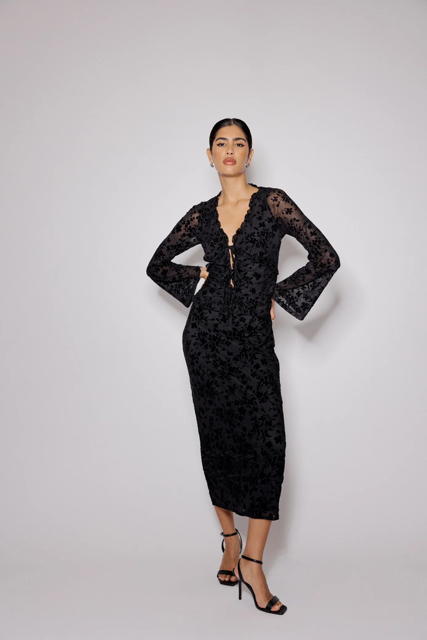 Black Floral Jacquard Frill Top - Image 3