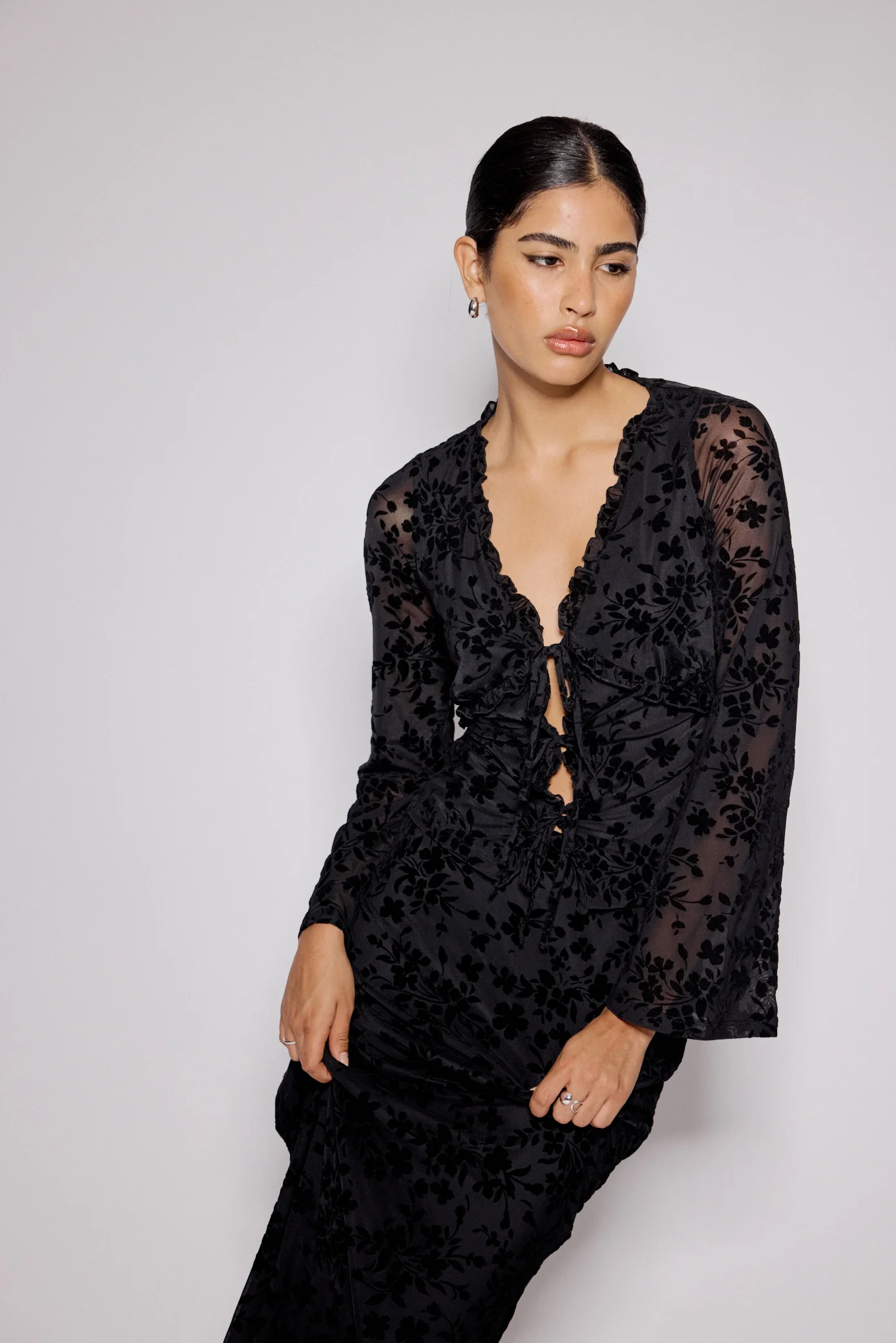 Black Floral Jacquard Frill Top - Image 4