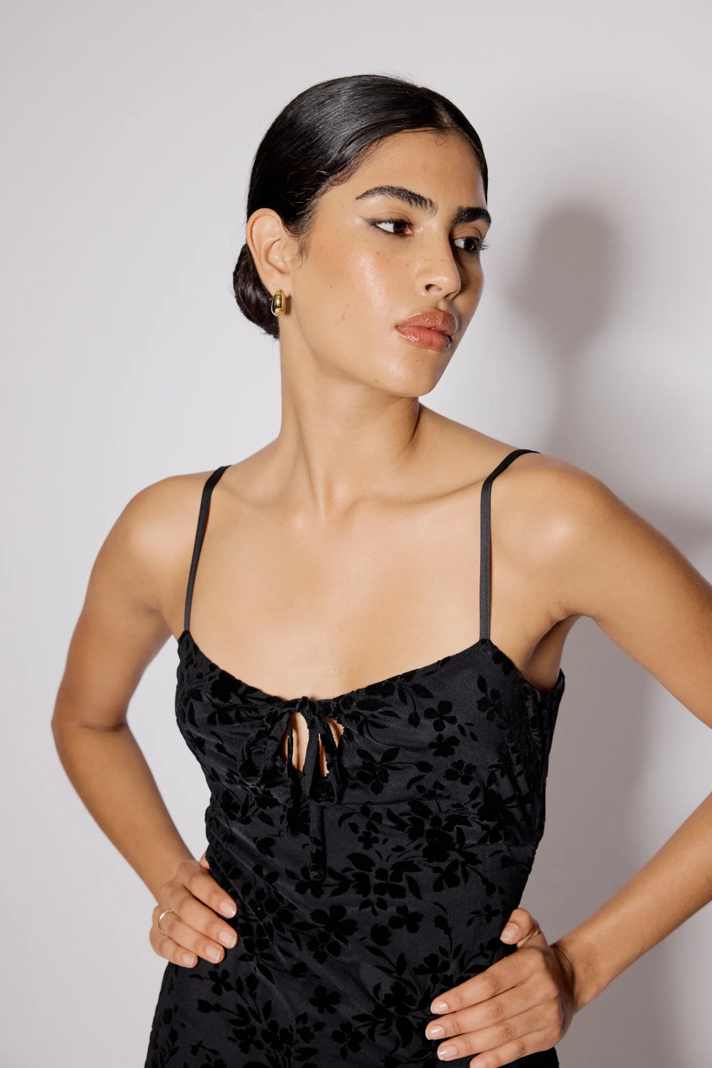 Black Floral Jacquard Velvet Stretch Mesh Midi Dress - Image 2