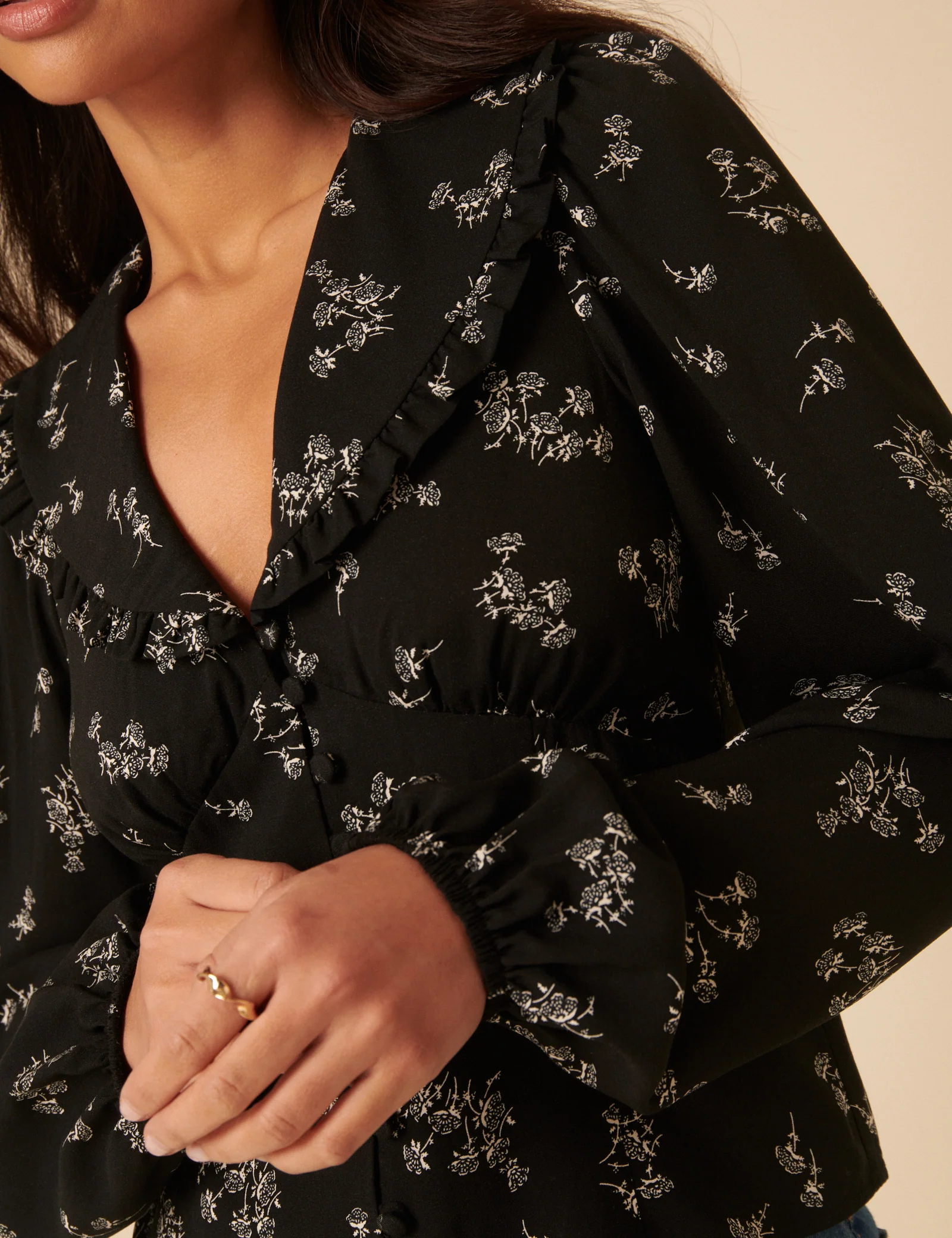 Black Floral Long Sleeve Blouse - Image 3