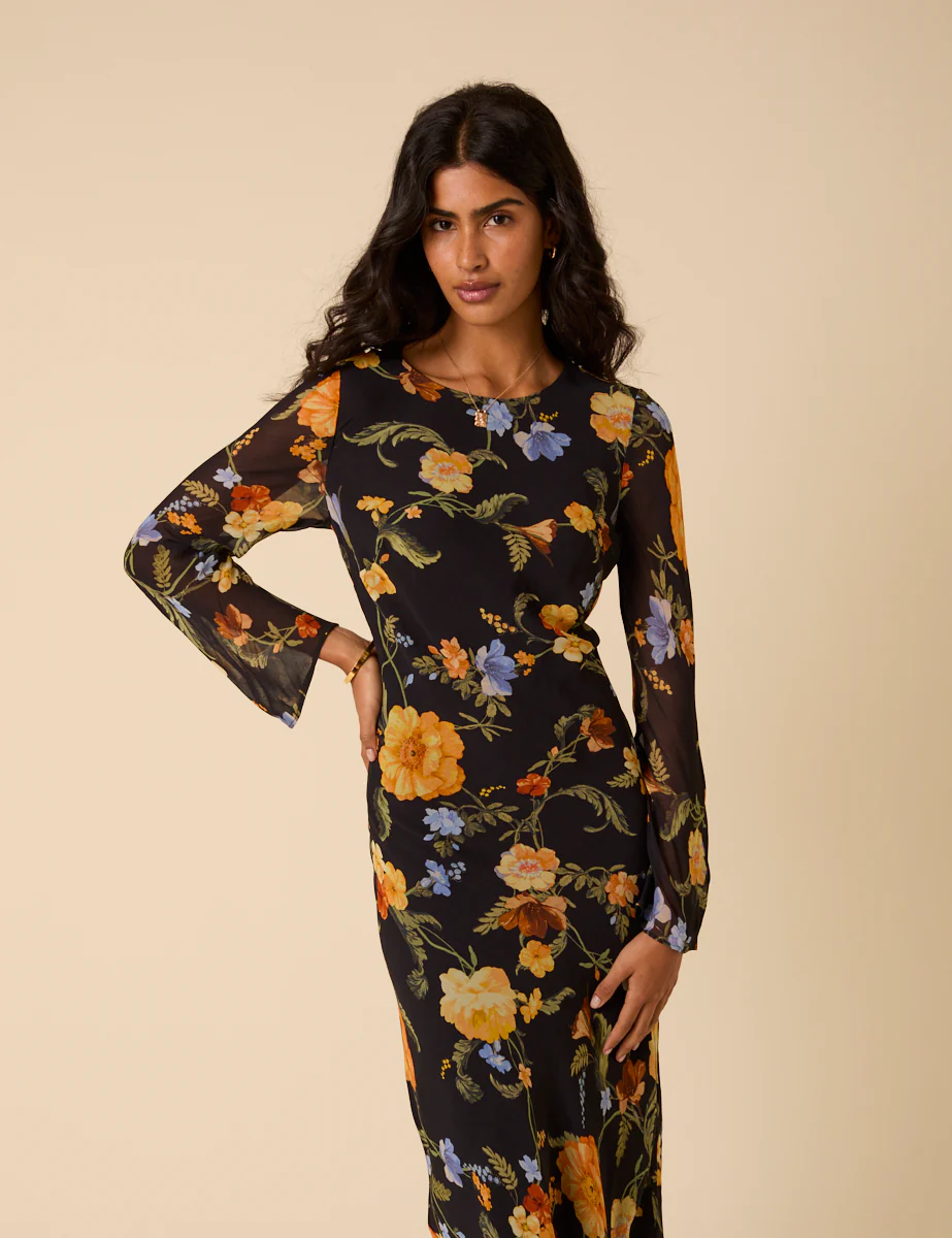 Black Floral Long Sleeve Clarissa Midi Dress - Image 5