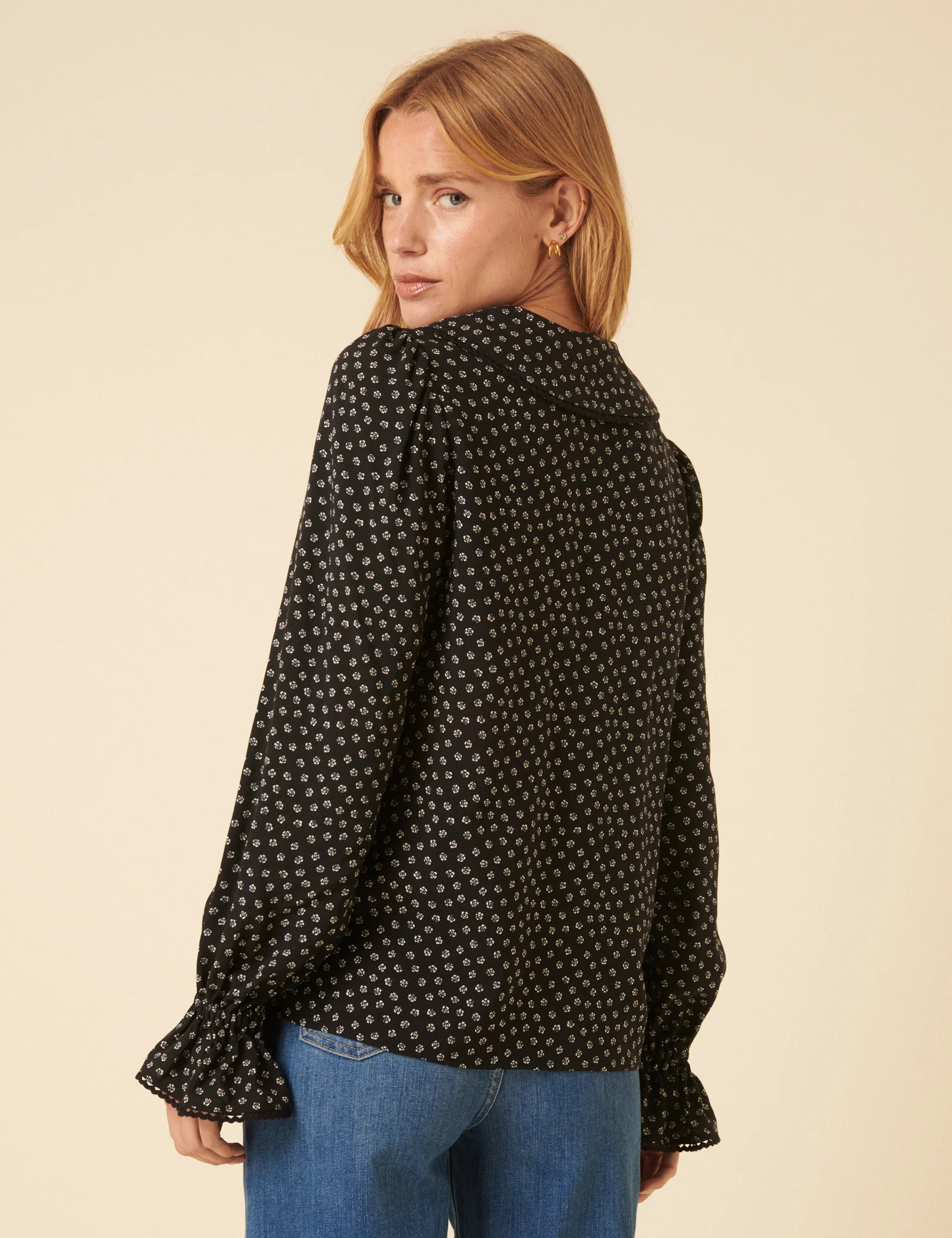 Black Floral Printed Collared Long Sleeve Blouse - Image 5