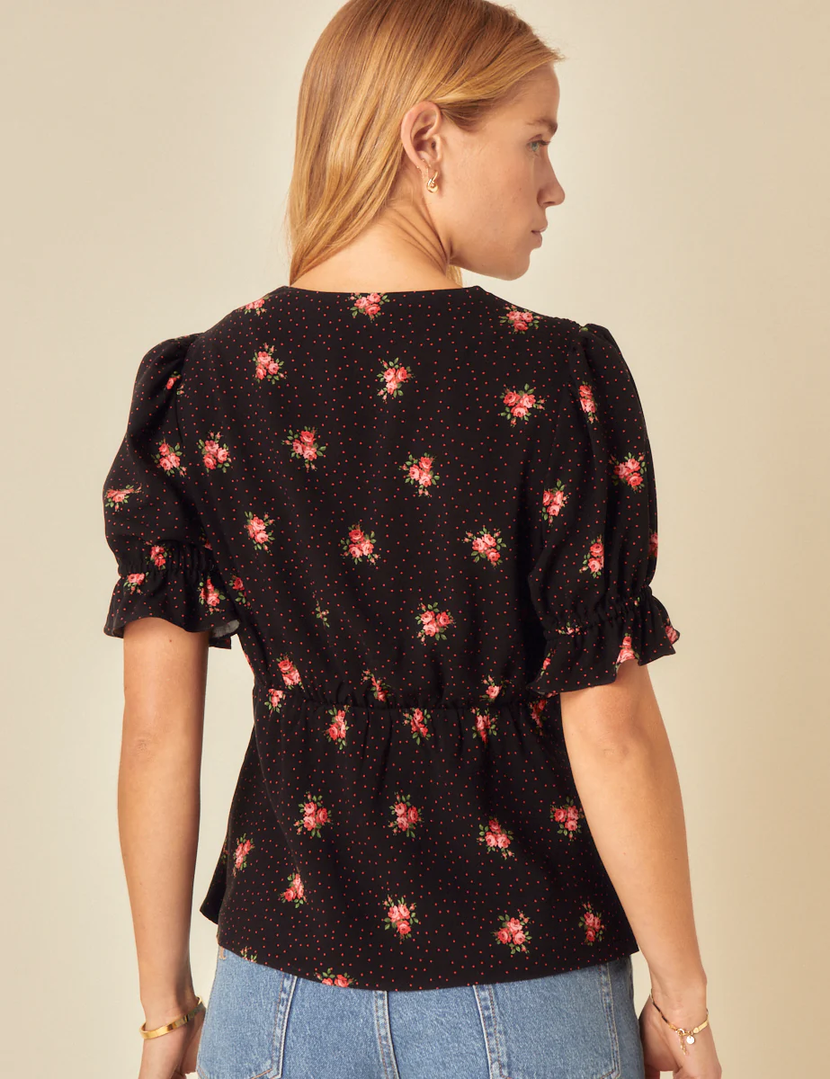 Black Floral Printed Puff Sleeve Top - Image 5