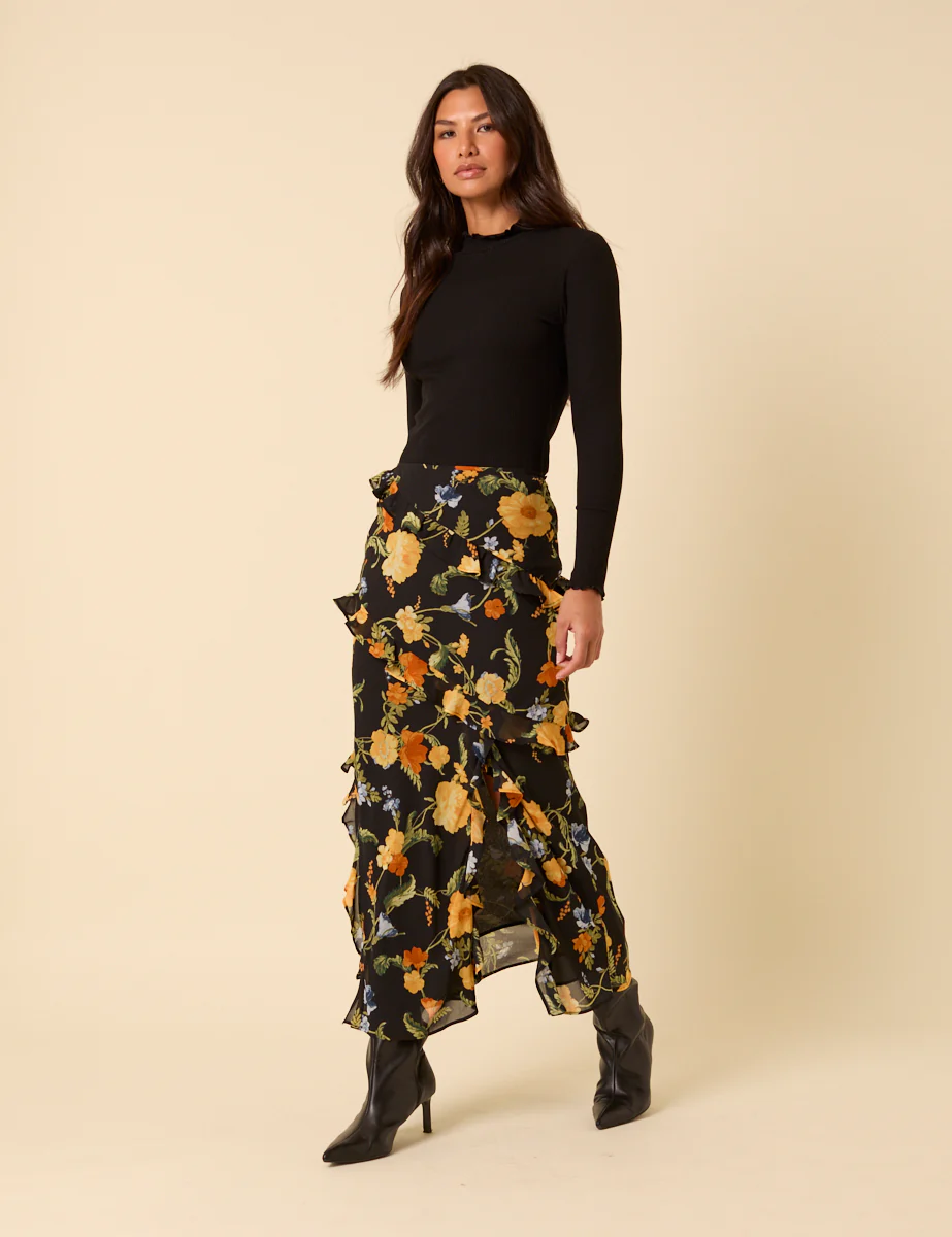 Black Floral Ruffle Midi Skirt - Image 2