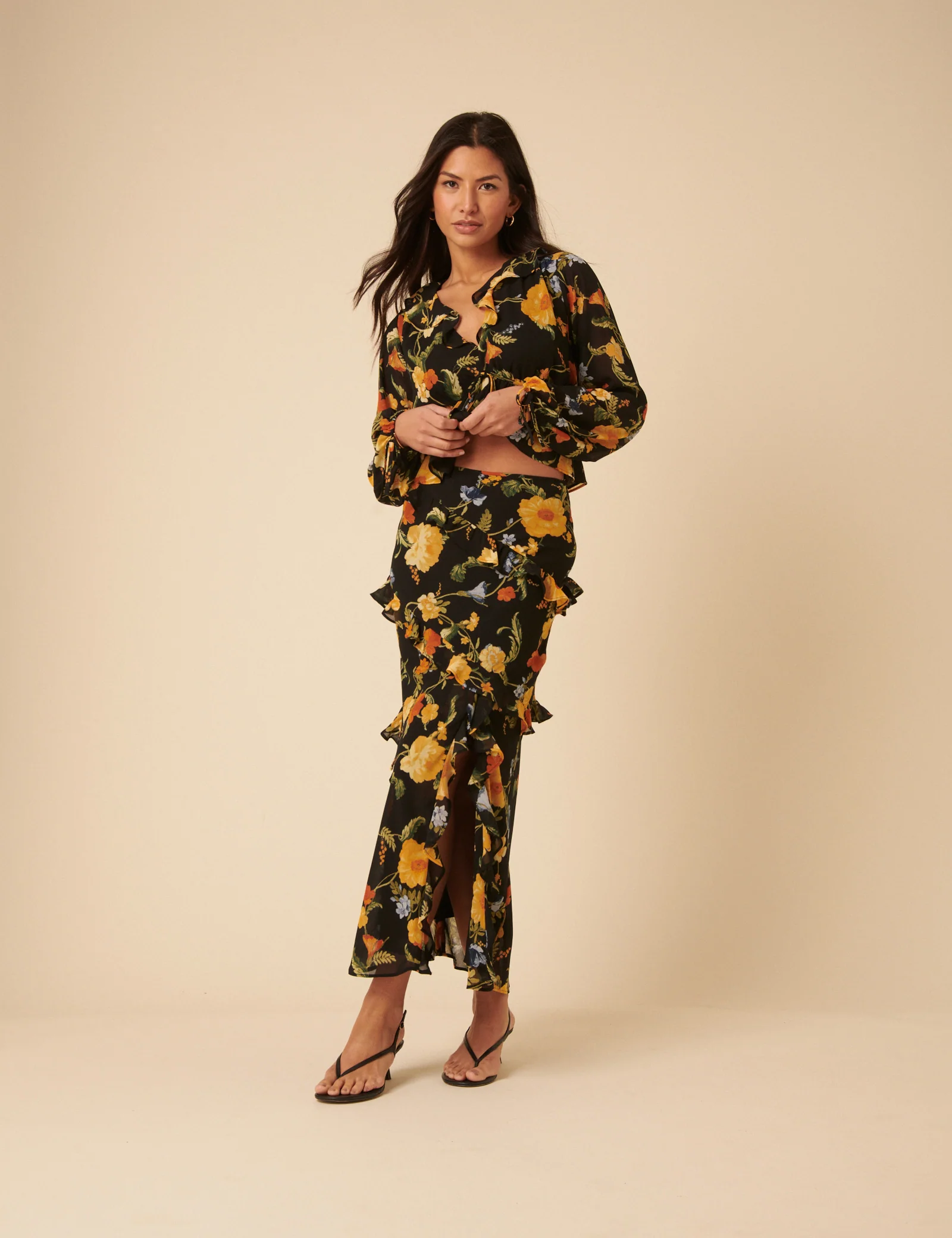 Black Floral Ruffle Midi Skirt - Image 3