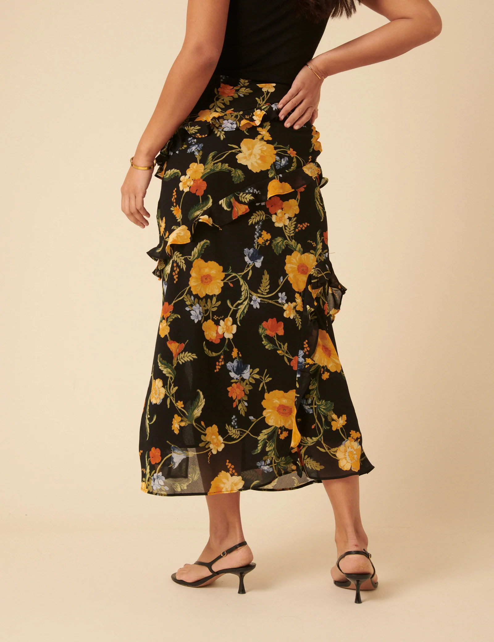 Black Floral Ruffle Midi Skirt - Image 4