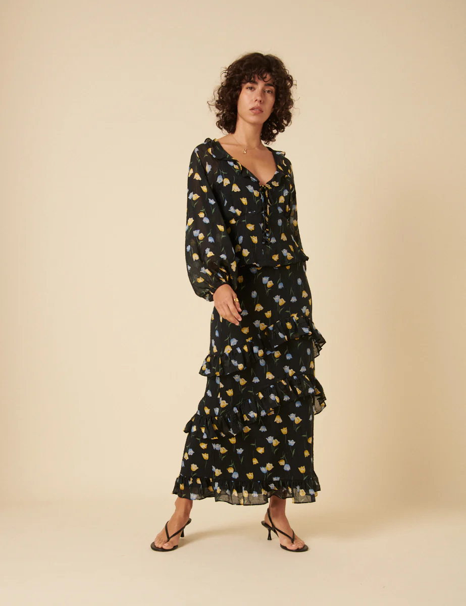 Black Floral Ruffle Tiered Midi Skirt
