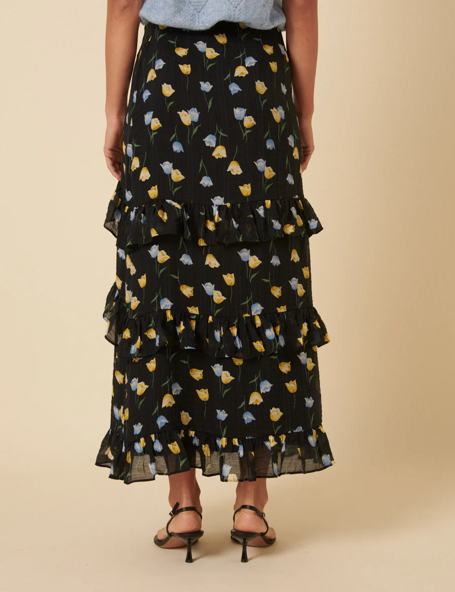 Black Floral Ruffle Tiered Midi Skirt - Image 4