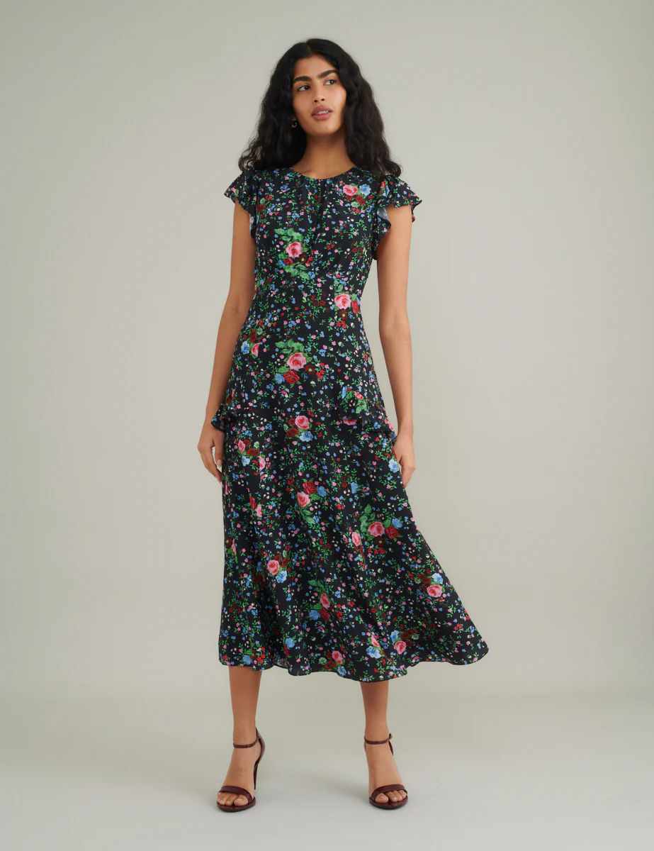 Black Ditsy Floral Seren Midi Dress - Image 3
