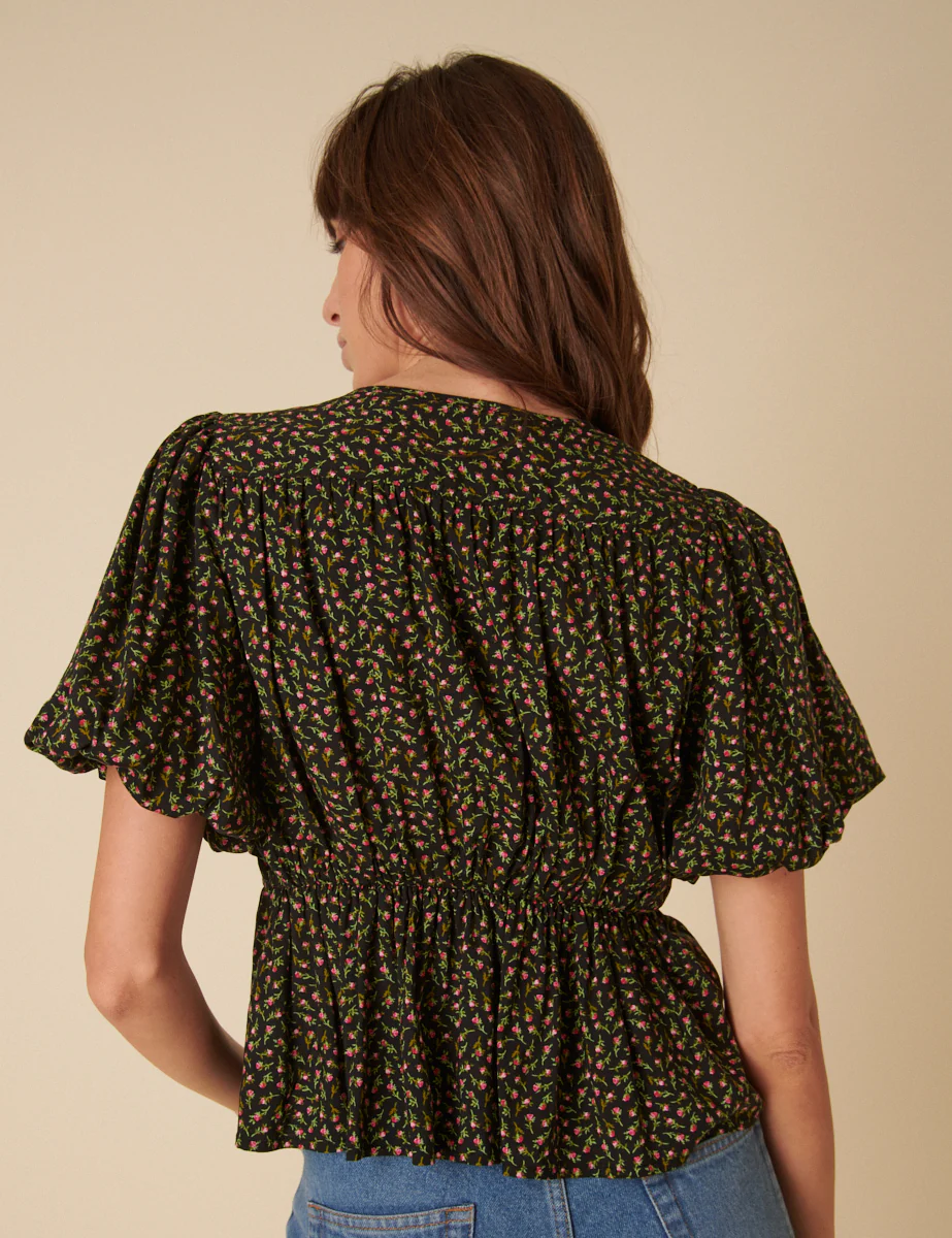Black Floral Short Sleeve Top - Image 5