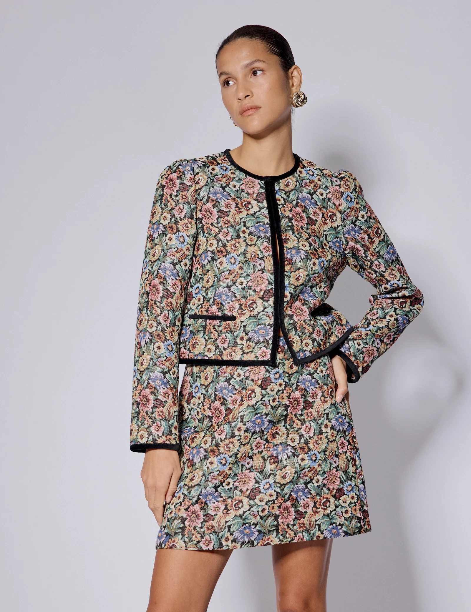 Black Floral Tapestry Mini Skirt