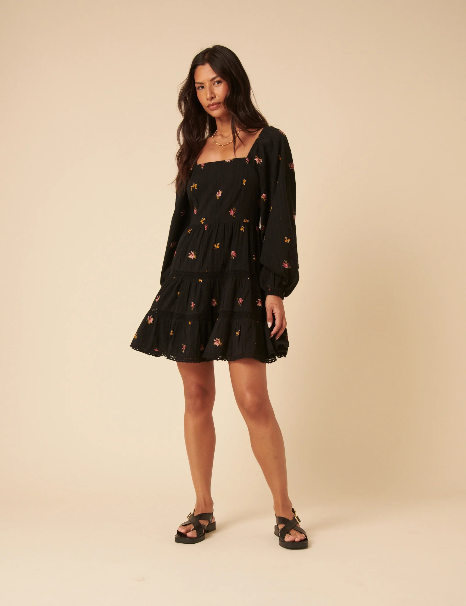 Black Floral Tiered Whitley Mini Dress - Image 4