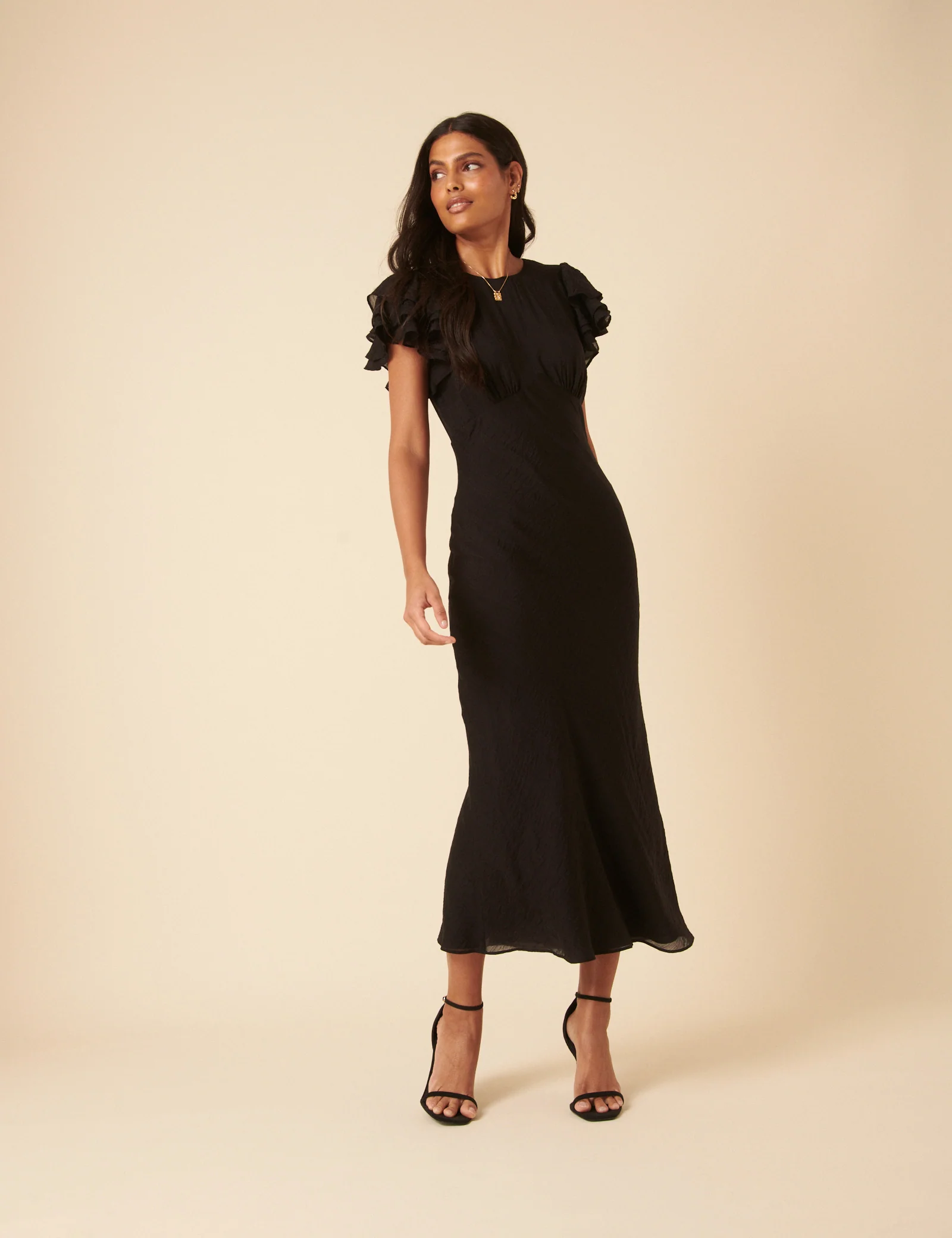 Black Frill Sleeve Lola Midi Dress