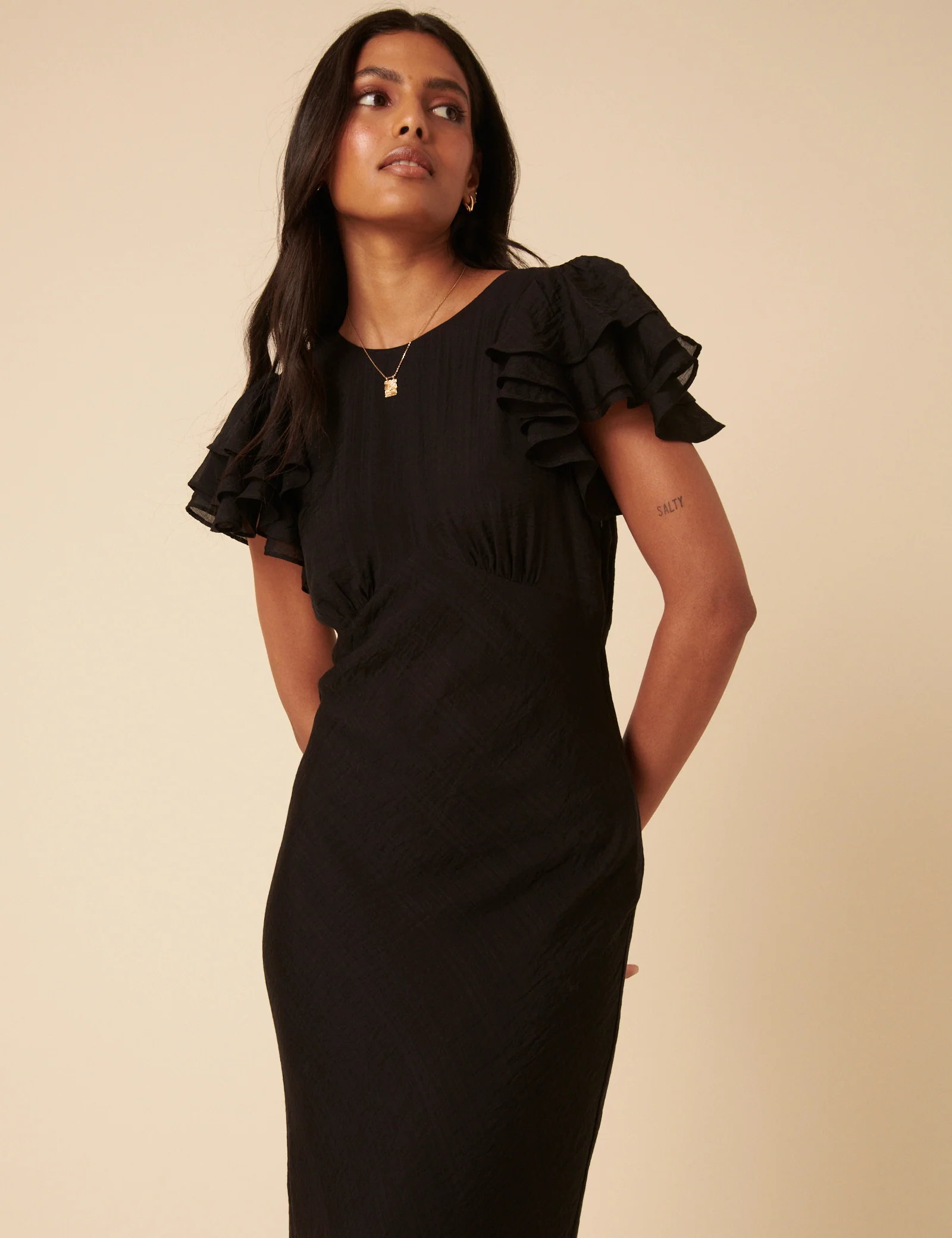Black Frill Sleeve Lola Midi Dress - Image 2