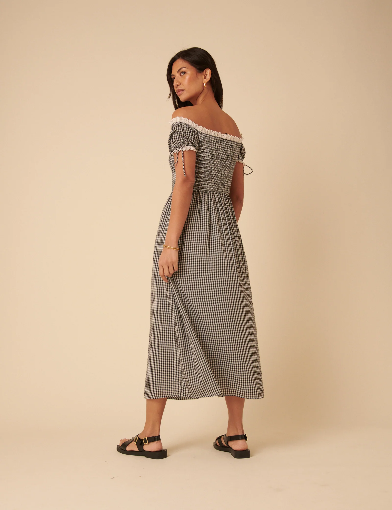 Black Gingham Bardot Adrianna Midi Dress - Image 4