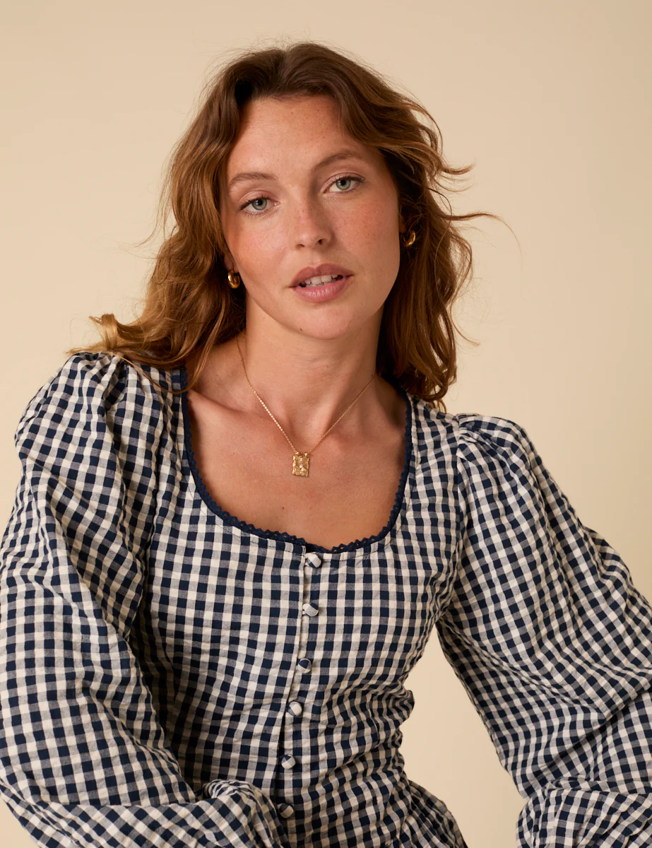 Navy Gingham Scoop Neck Blouse - Image 2
