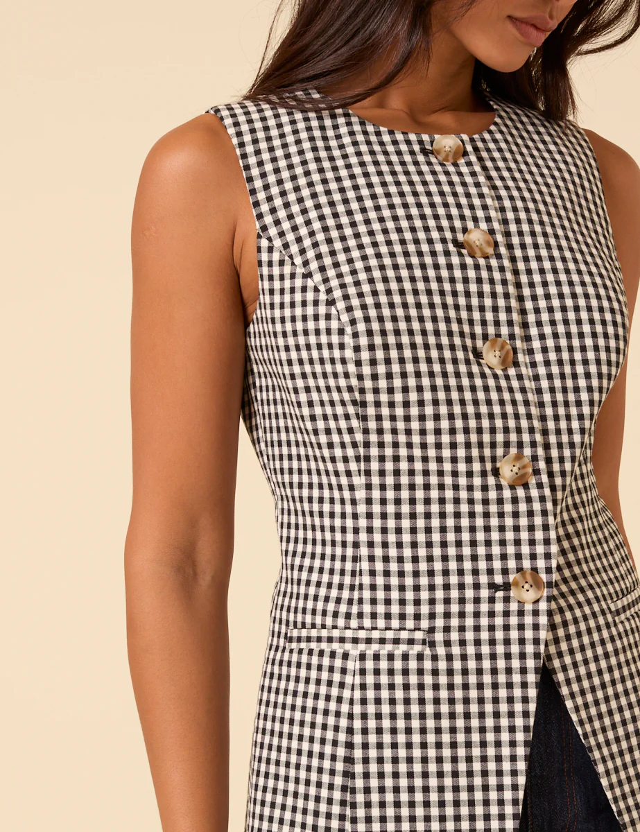 Black Gingham Longline Crew Neck Waistcoat - Image 2