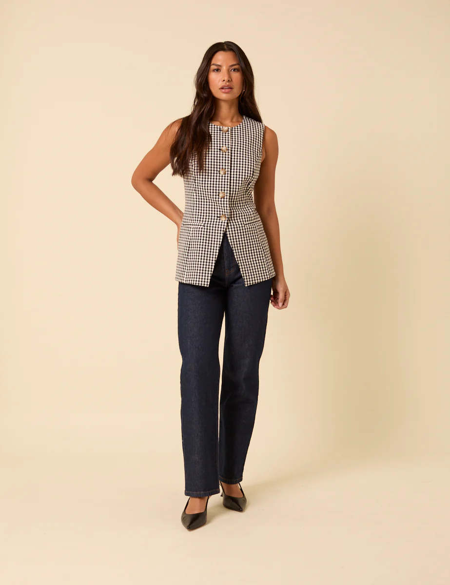 Black Gingham Longline Crew Neck Waistcoat - Image 3