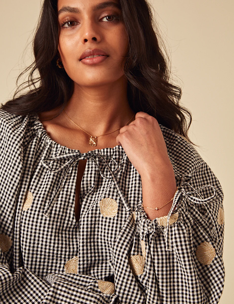 Elizabeth Scarlett Black Gingham Shell Embroidered Poet Blouse - Image 2