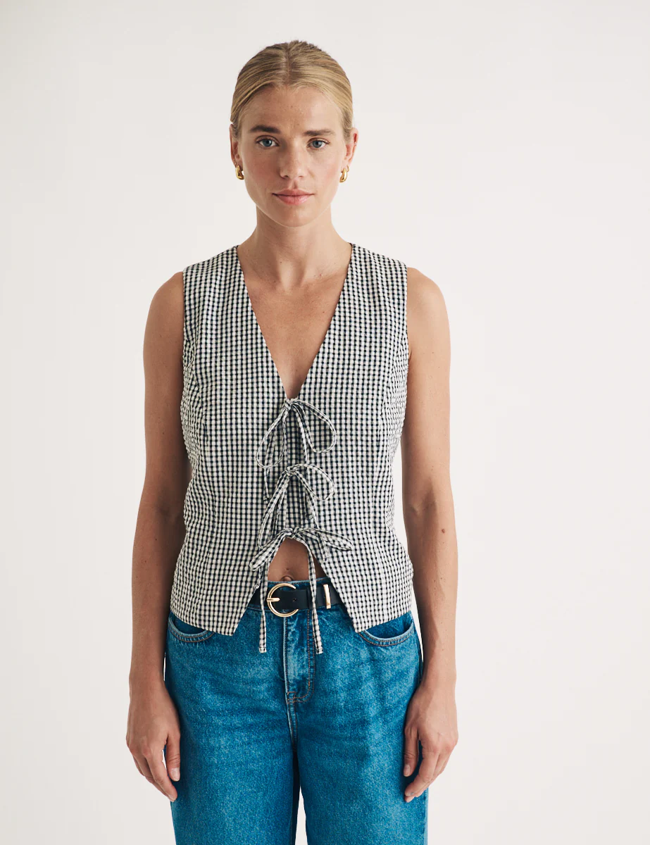 Black Gingham Tie Front Waistcoat - Image 3